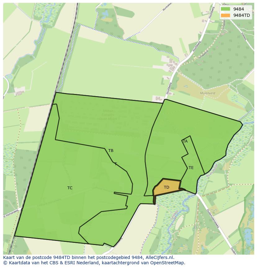 Afbeelding van het postcodegebied 9484 TD op de kaart.