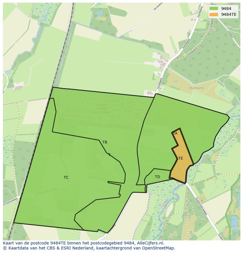 Afbeelding van het postcodegebied 9484 TE op de kaart.