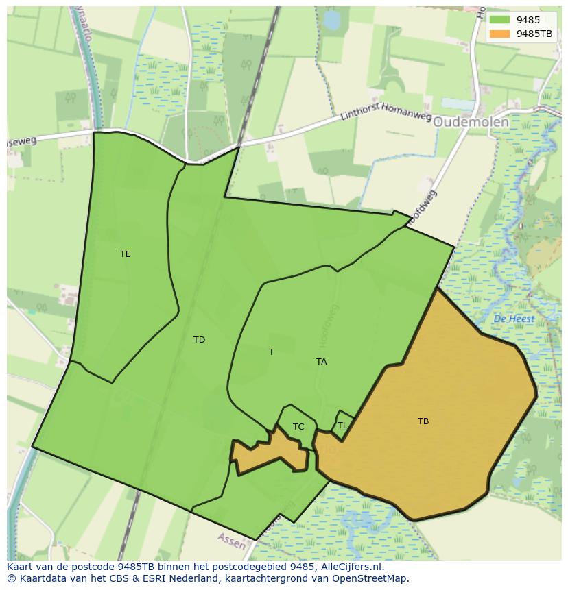 Afbeelding van het postcodegebied 9485 TB op de kaart.