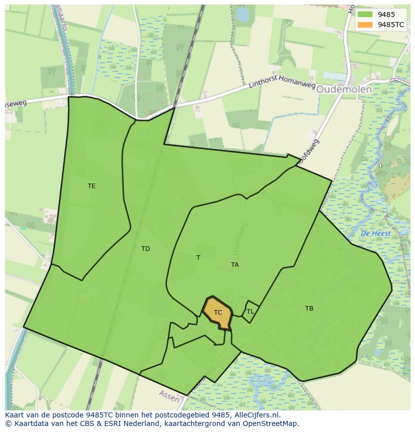 Afbeelding van het postcodegebied 9485 TC op de kaart.