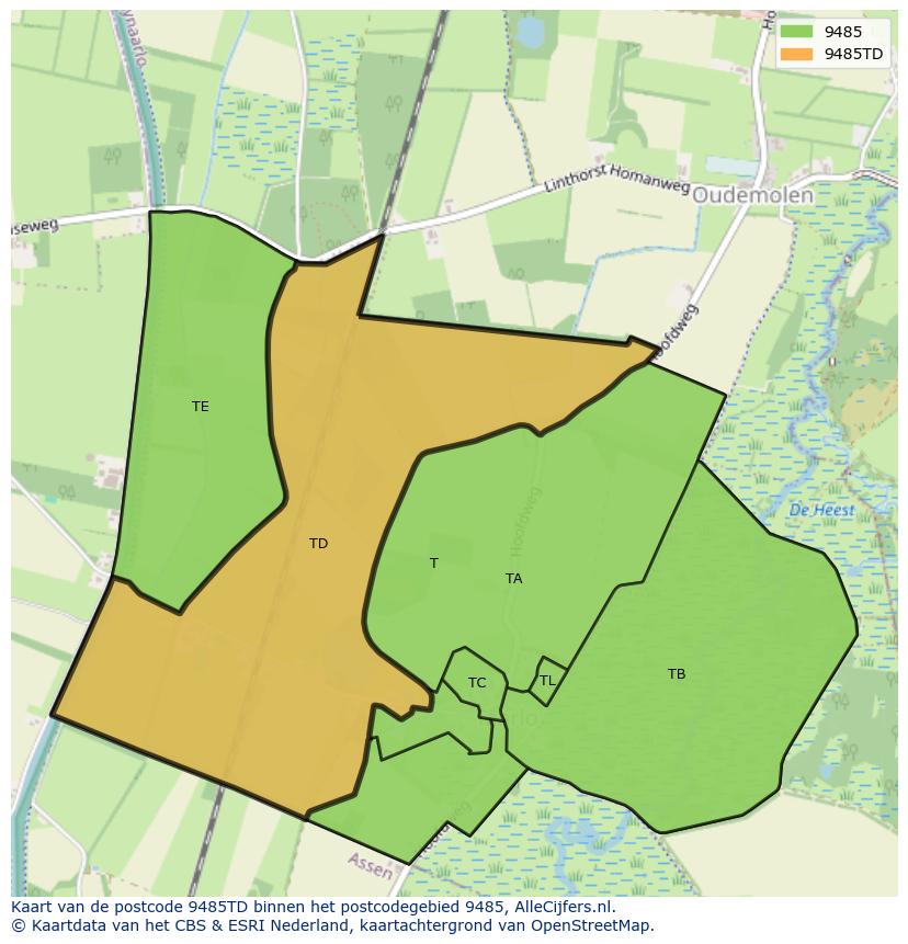 Afbeelding van het postcodegebied 9485 TD op de kaart.