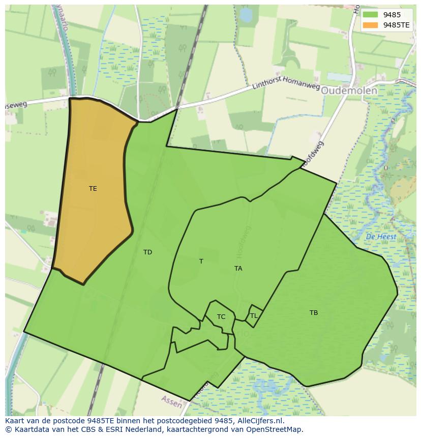 Afbeelding van het postcodegebied 9485 TE op de kaart.