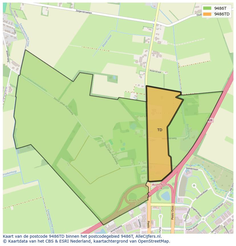Afbeelding van het postcodegebied 9486 TD op de kaart.