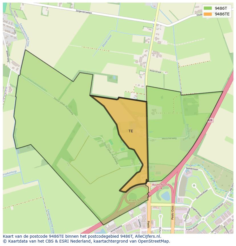 Afbeelding van het postcodegebied 9486 TE op de kaart.
