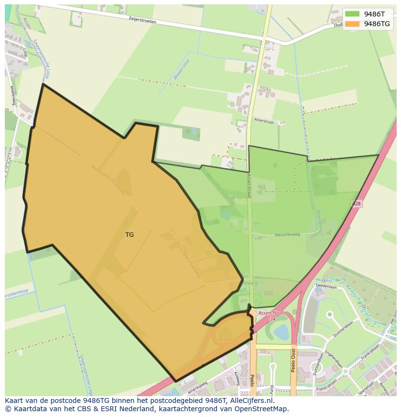 Afbeelding van het postcodegebied 9486 TG op de kaart.