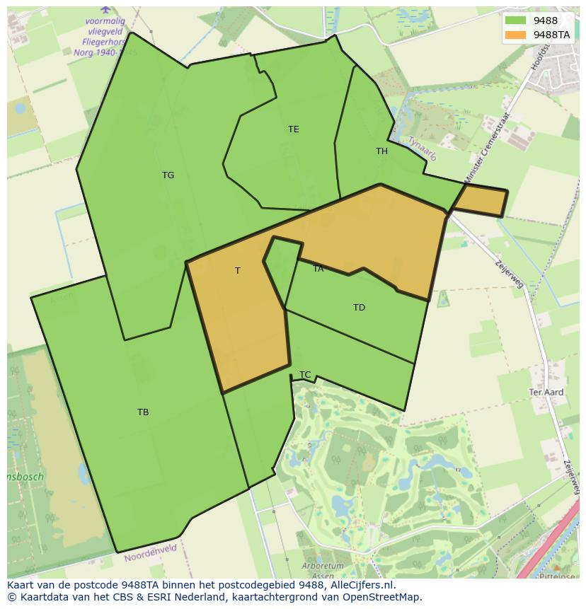 Afbeelding van het postcodegebied 9488 TA op de kaart.