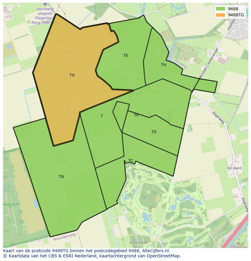 Afbeelding van het postcodegebied 9488 TG op de kaart.