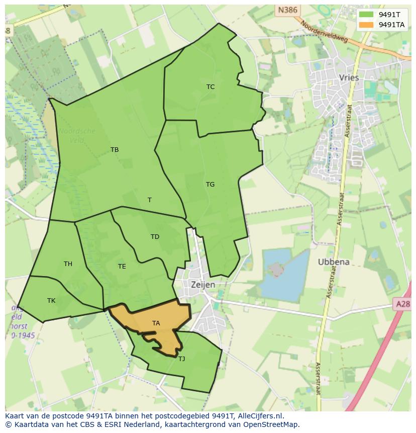 Afbeelding van het postcodegebied 9491 TA op de kaart.