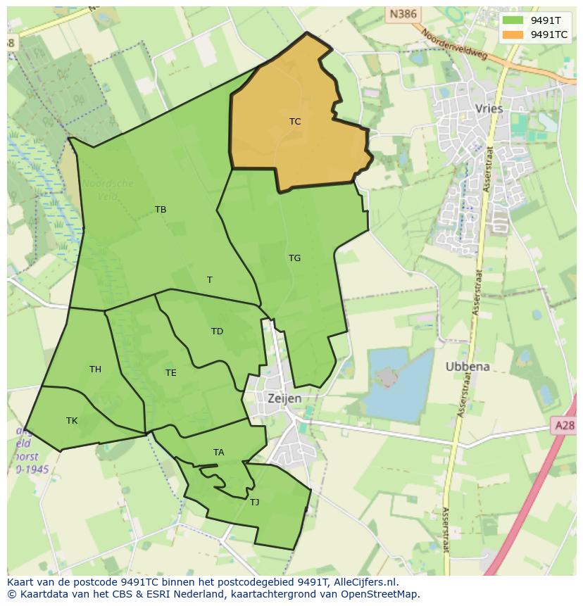 Afbeelding van het postcodegebied 9491 TC op de kaart.