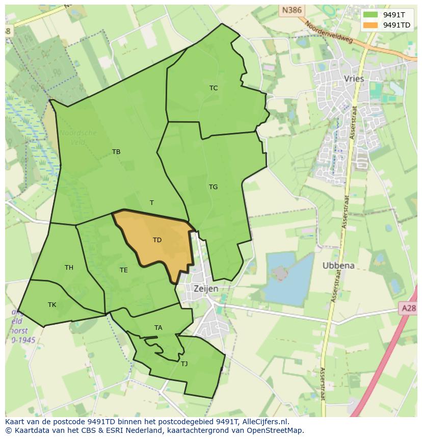 Afbeelding van het postcodegebied 9491 TD op de kaart.