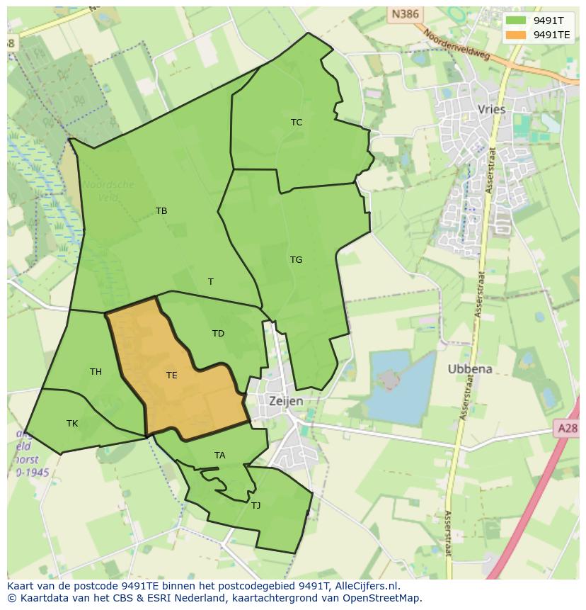 Afbeelding van het postcodegebied 9491 TE op de kaart.