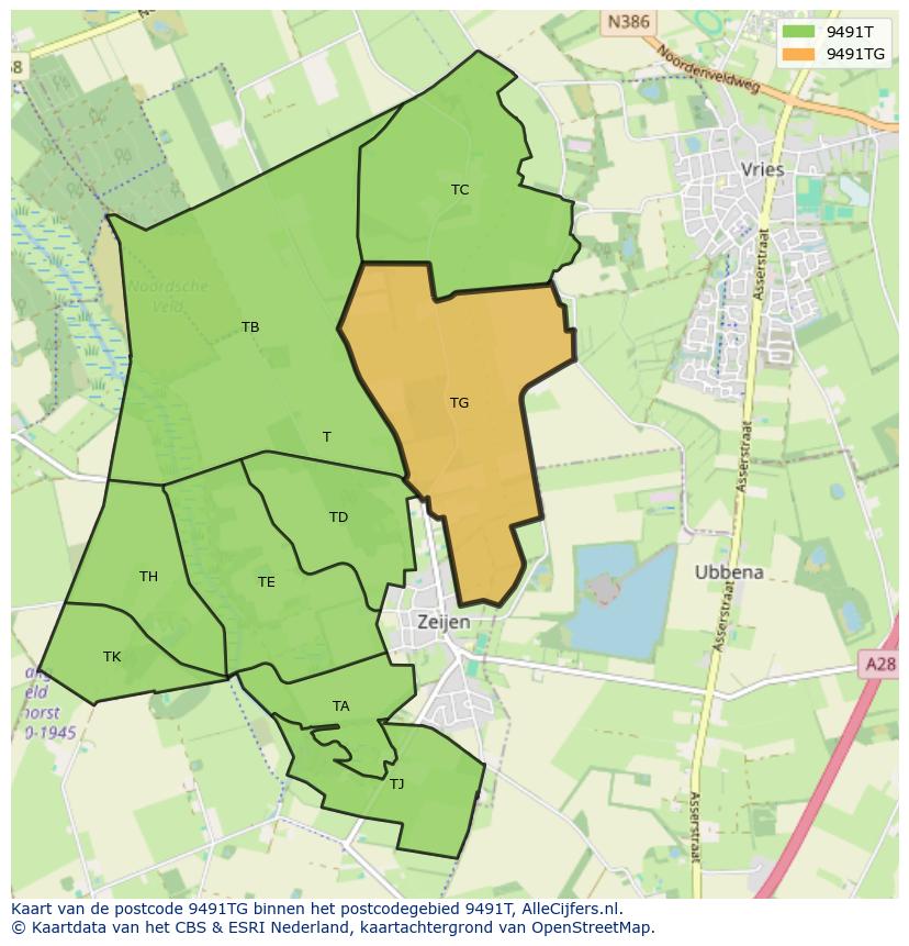 Afbeelding van het postcodegebied 9491 TG op de kaart.