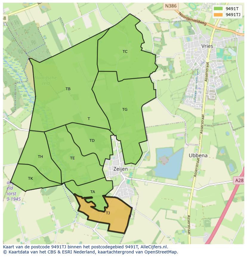 Afbeelding van het postcodegebied 9491 TJ op de kaart.
