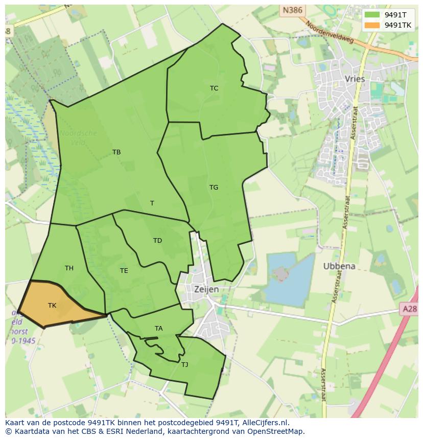 Afbeelding van het postcodegebied 9491 TK op de kaart.