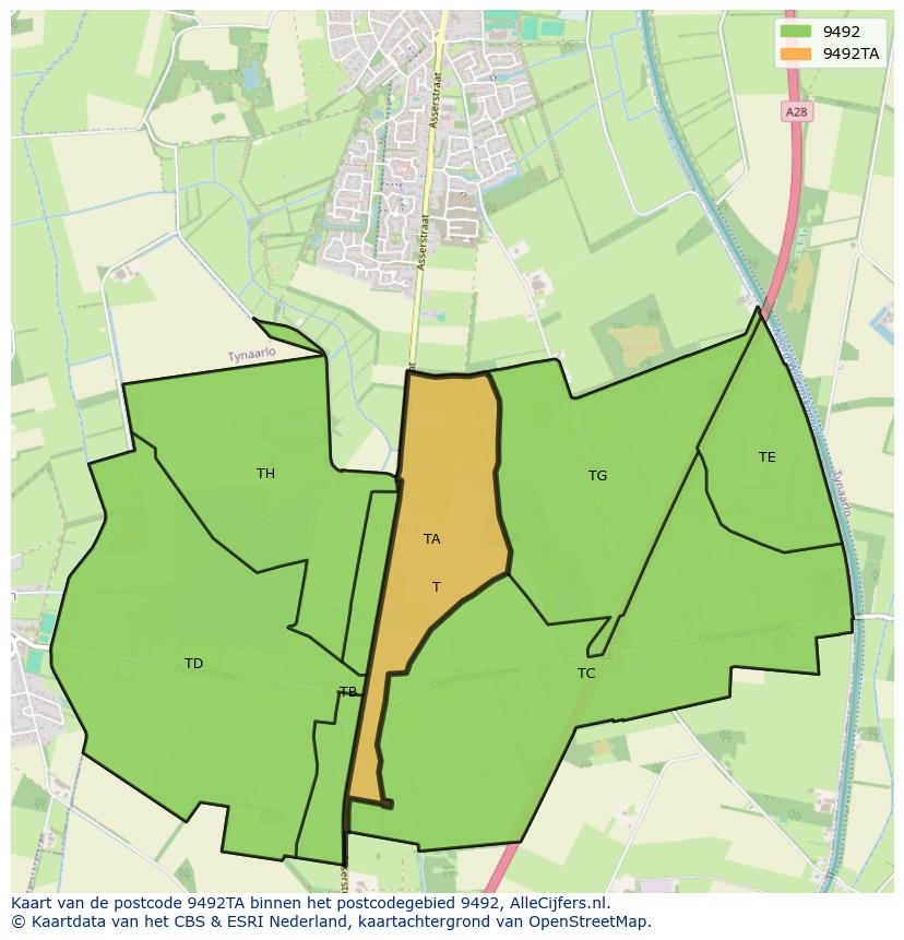 Afbeelding van het postcodegebied 9492 TA op de kaart.