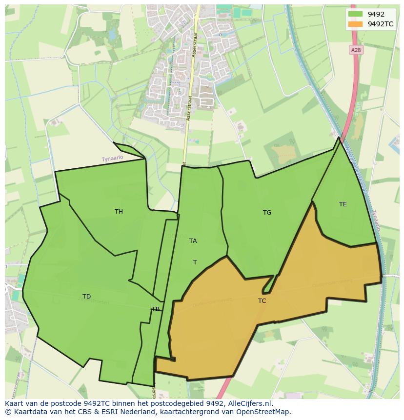 Afbeelding van het postcodegebied 9492 TC op de kaart.