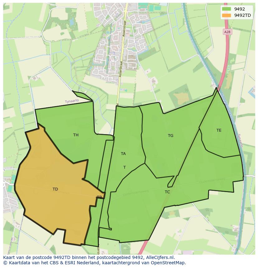 Afbeelding van het postcodegebied 9492 TD op de kaart.