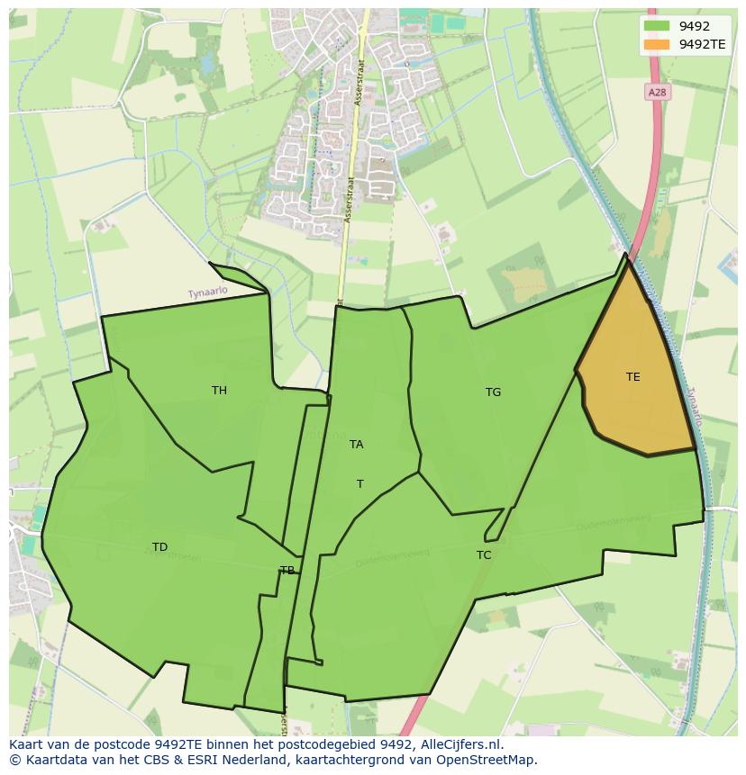 Afbeelding van het postcodegebied 9492 TE op de kaart.