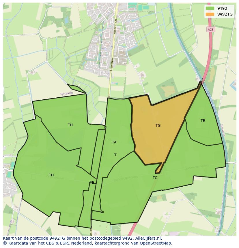 Afbeelding van het postcodegebied 9492 TG op de kaart.