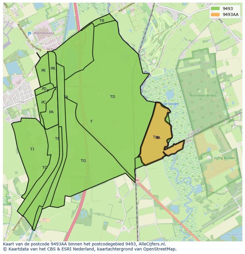 Afbeelding van het postcodegebied 9493 AA op de kaart.