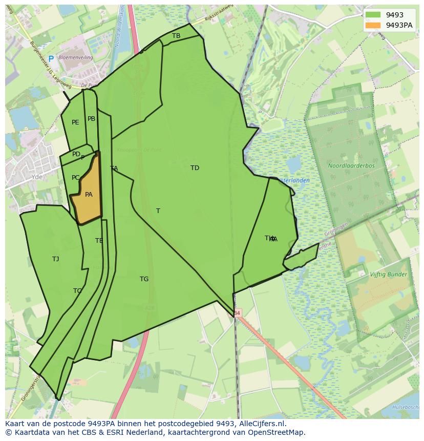 Afbeelding van het postcodegebied 9493 PA op de kaart.