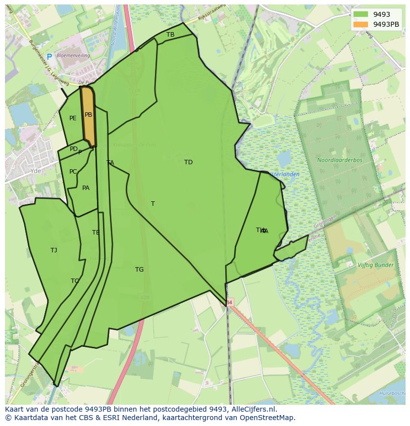 Afbeelding van het postcodegebied 9493 PB op de kaart.