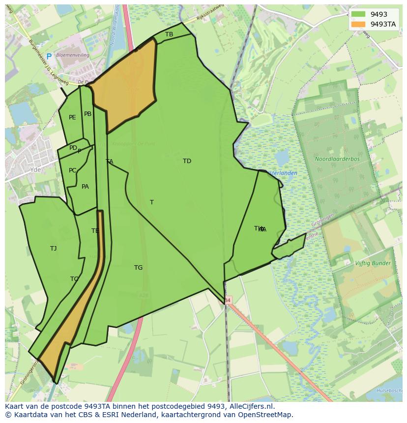 Afbeelding van het postcodegebied 9493 TA op de kaart.