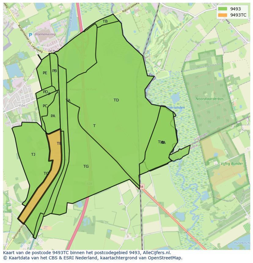 Afbeelding van het postcodegebied 9493 TC op de kaart.