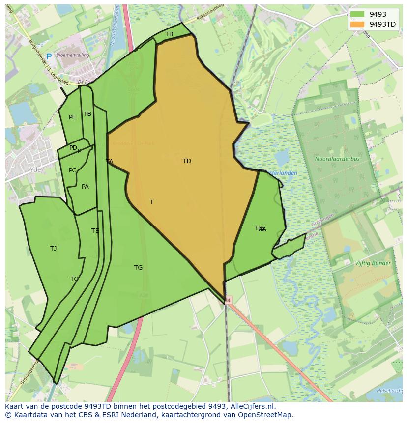 Afbeelding van het postcodegebied 9493 TD op de kaart.