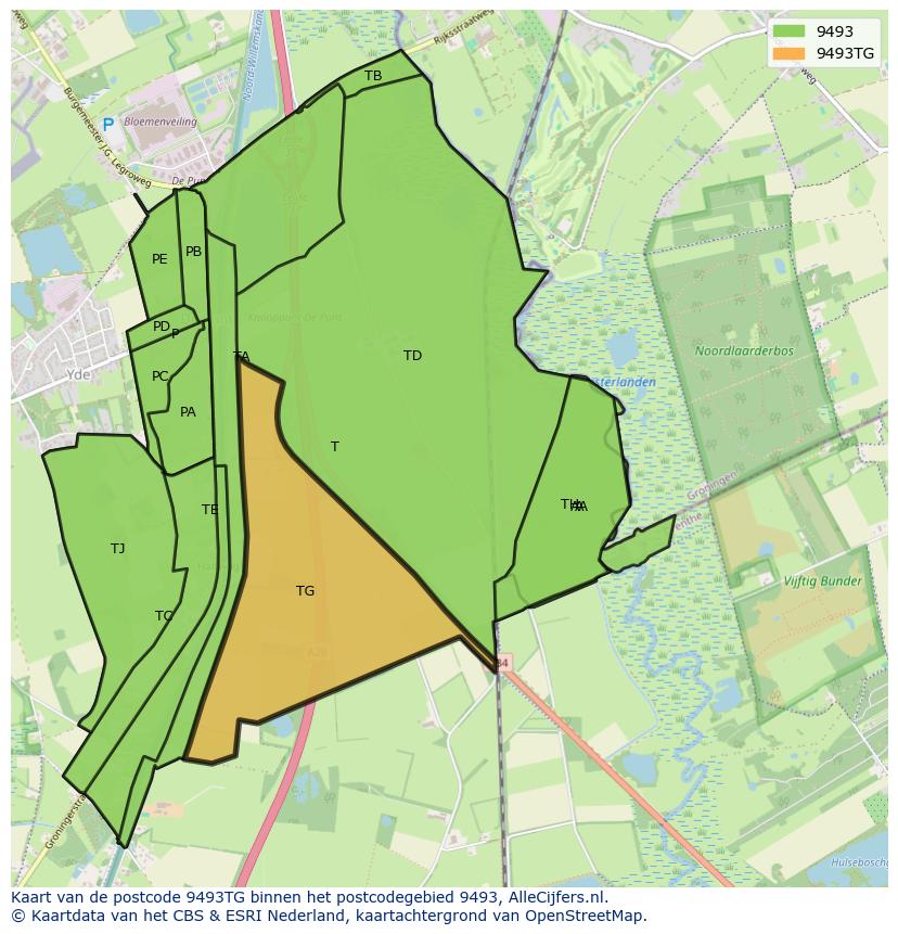 Afbeelding van het postcodegebied 9493 TG op de kaart.