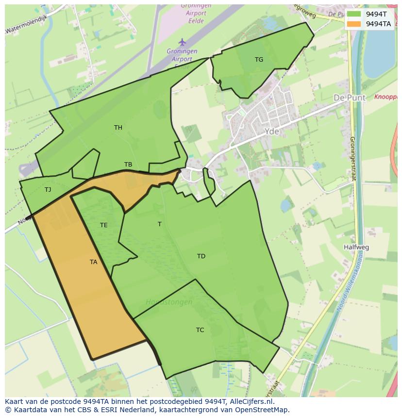 Afbeelding van het postcodegebied 9494 TA op de kaart.