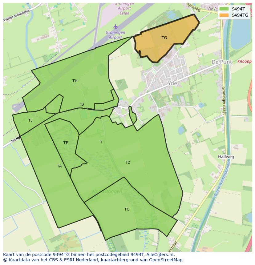Afbeelding van het postcodegebied 9494 TG op de kaart.