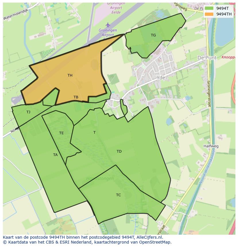 Afbeelding van het postcodegebied 9494 TH op de kaart.