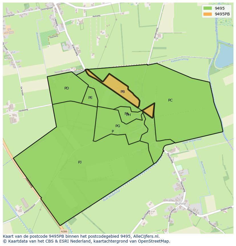 Afbeelding van het postcodegebied 9495 PB op de kaart.
