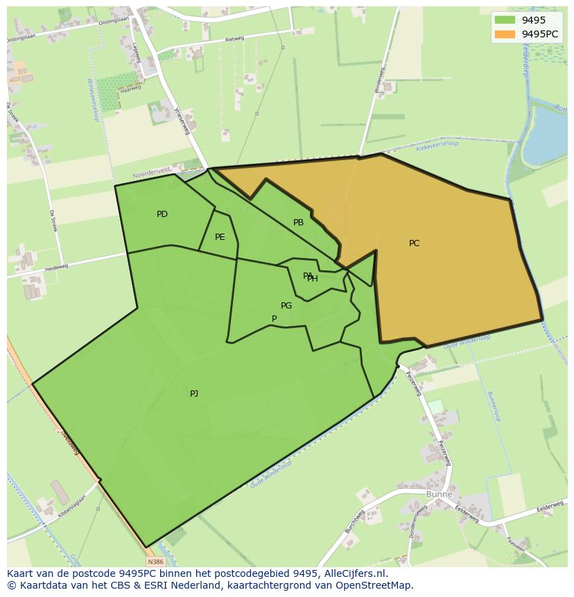 Afbeelding van het postcodegebied 9495 PC op de kaart.