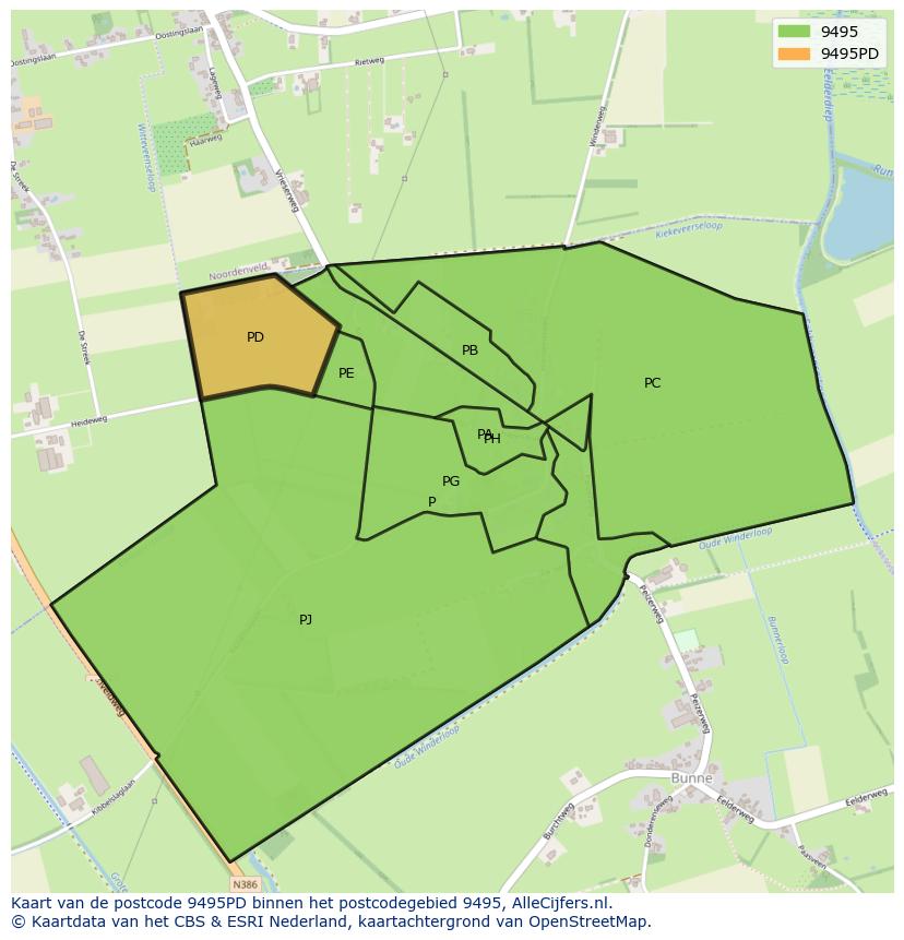 Afbeelding van het postcodegebied 9495 PD op de kaart.