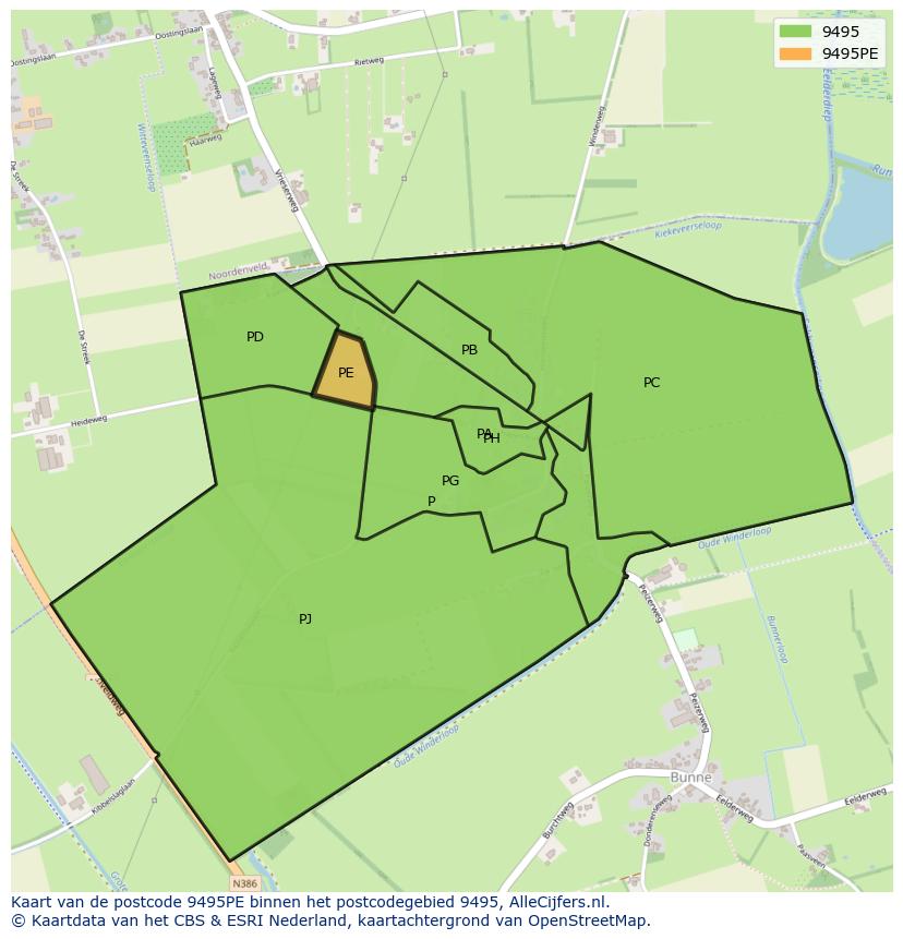 Afbeelding van het postcodegebied 9495 PE op de kaart.
