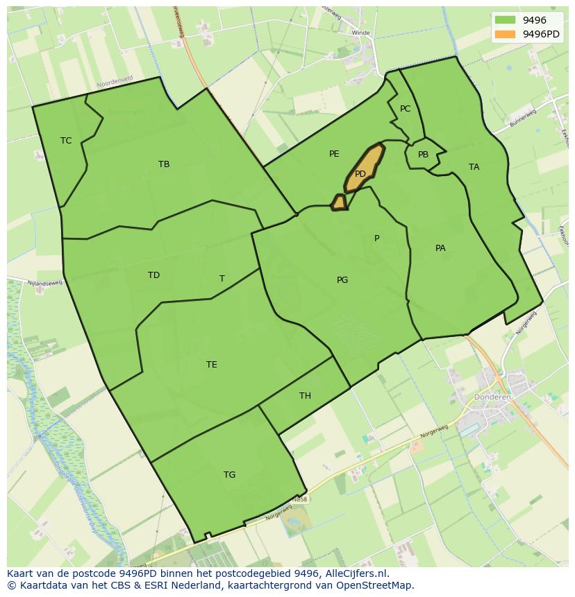 Afbeelding van het postcodegebied 9496 PD op de kaart.