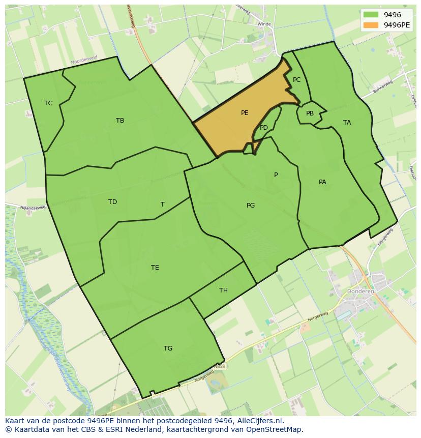Afbeelding van het postcodegebied 9496 PE op de kaart.