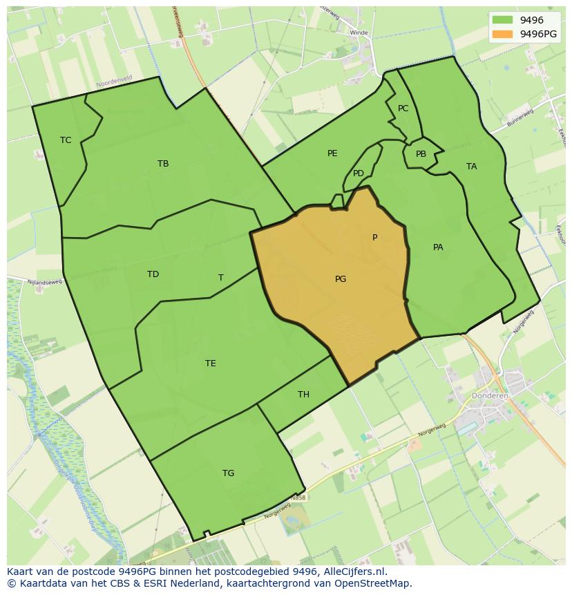Afbeelding van het postcodegebied 9496 PG op de kaart.
