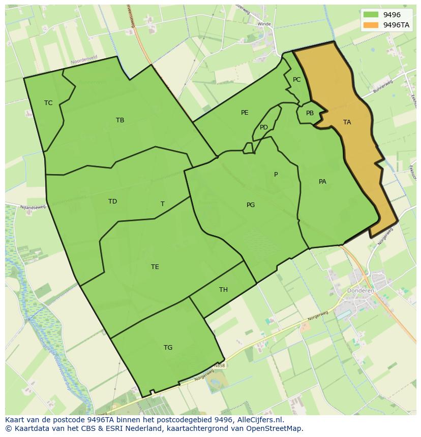 Afbeelding van het postcodegebied 9496 TA op de kaart.