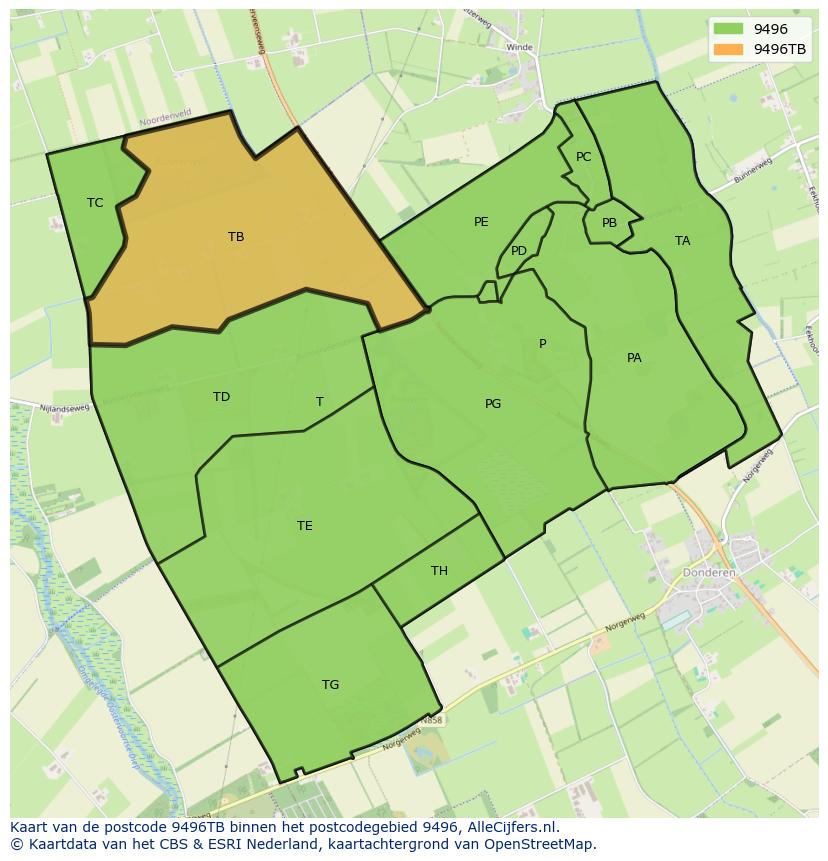 Afbeelding van het postcodegebied 9496 TB op de kaart.
