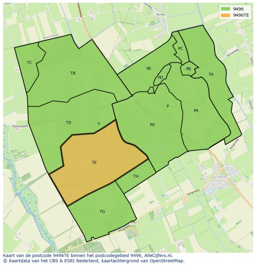 Afbeelding van het postcodegebied 9496 TE op de kaart.