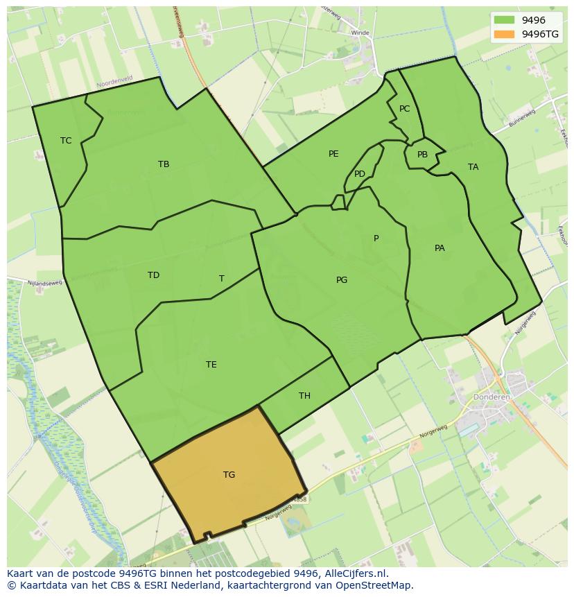 Afbeelding van het postcodegebied 9496 TG op de kaart.
