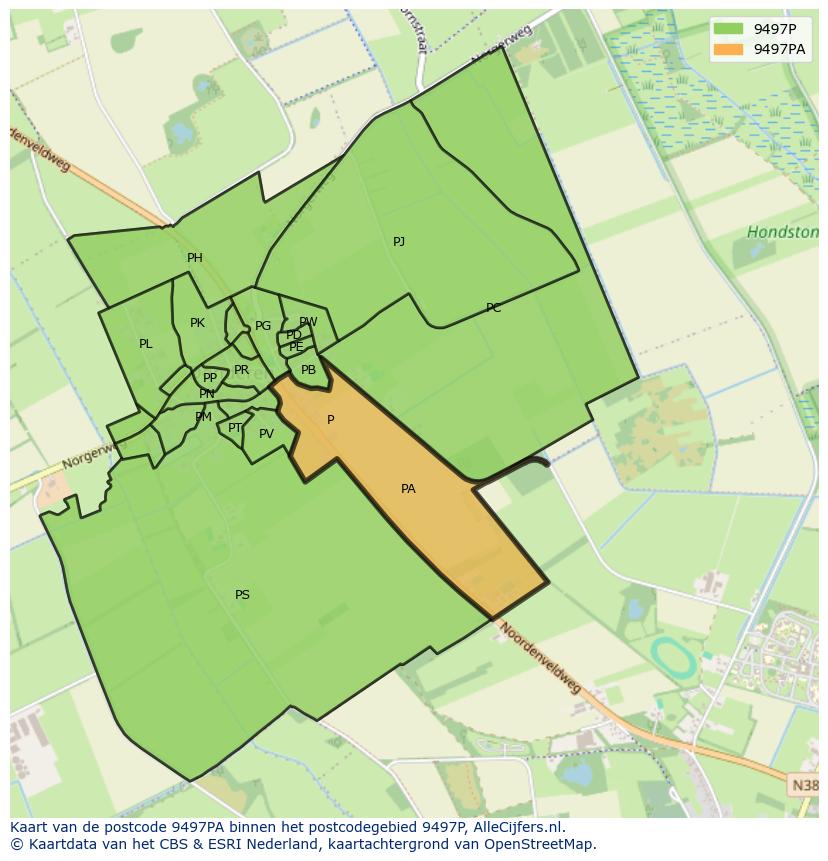 Afbeelding van het postcodegebied 9497 PA op de kaart.