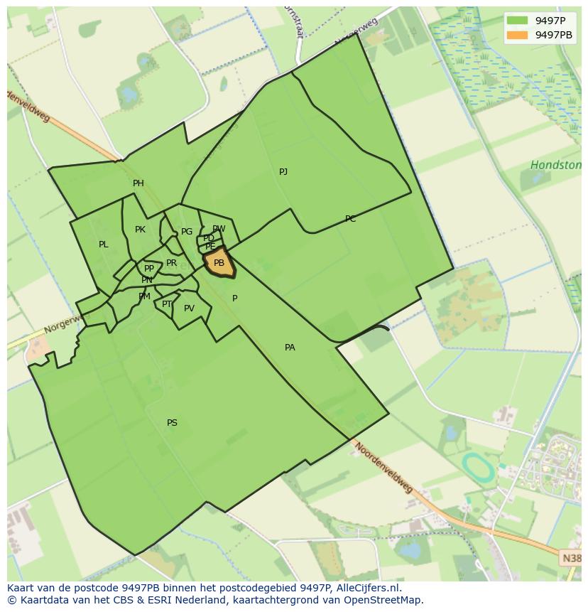 Afbeelding van het postcodegebied 9497 PB op de kaart.