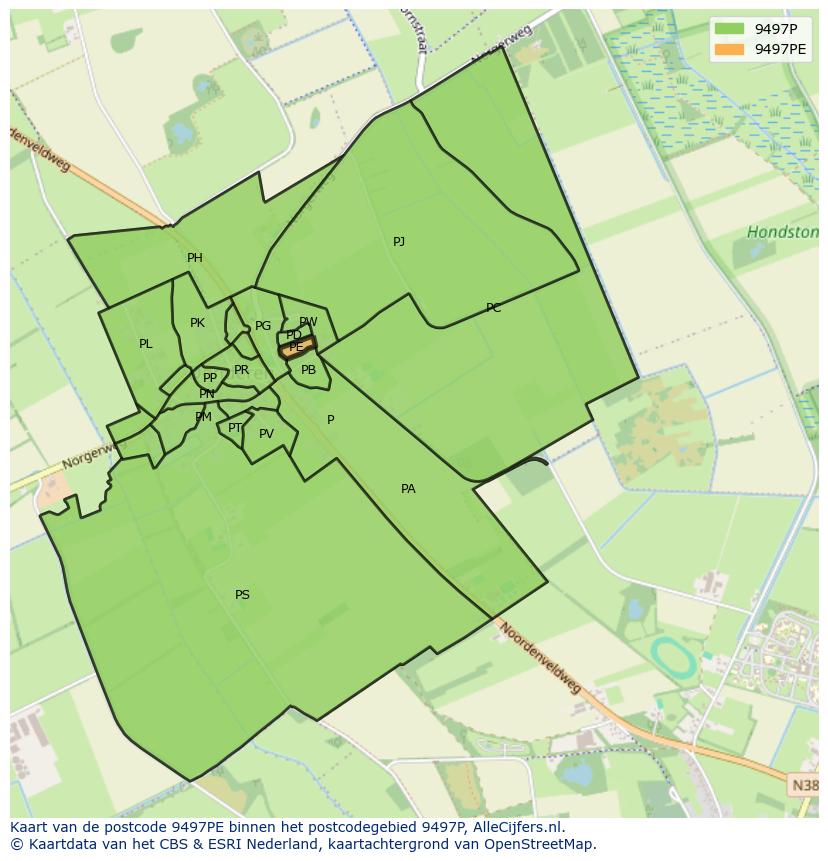 Afbeelding van het postcodegebied 9497 PE op de kaart.