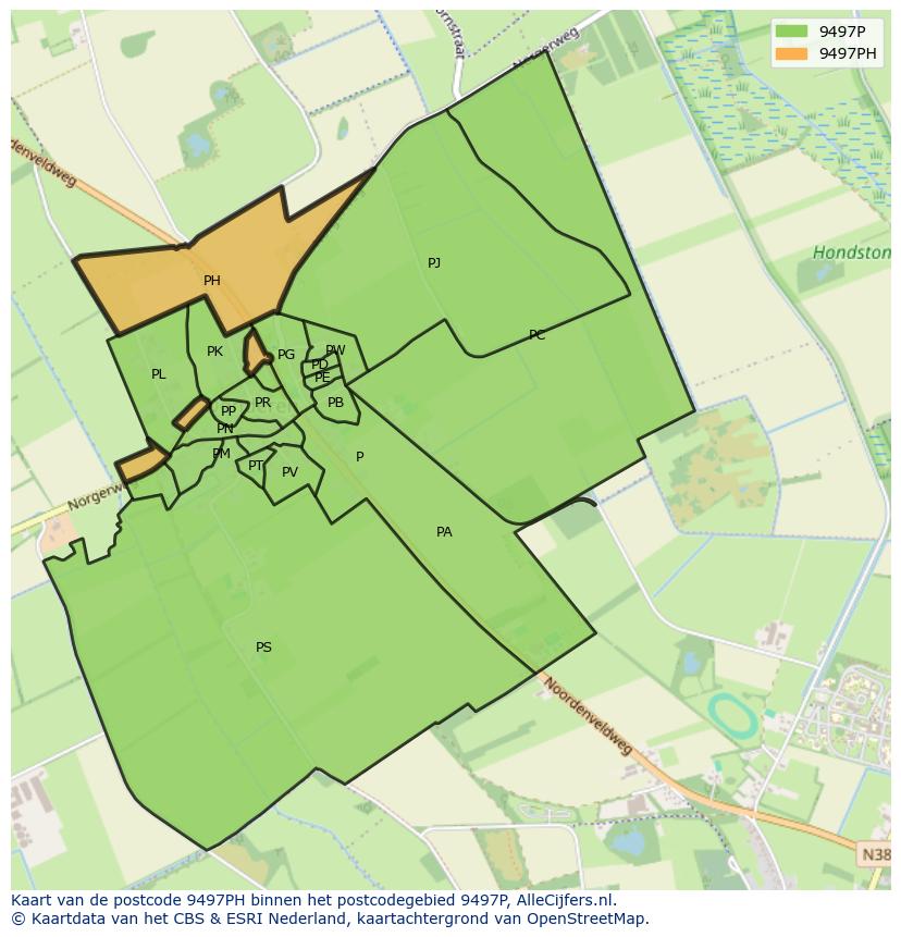 Afbeelding van het postcodegebied 9497 PH op de kaart.