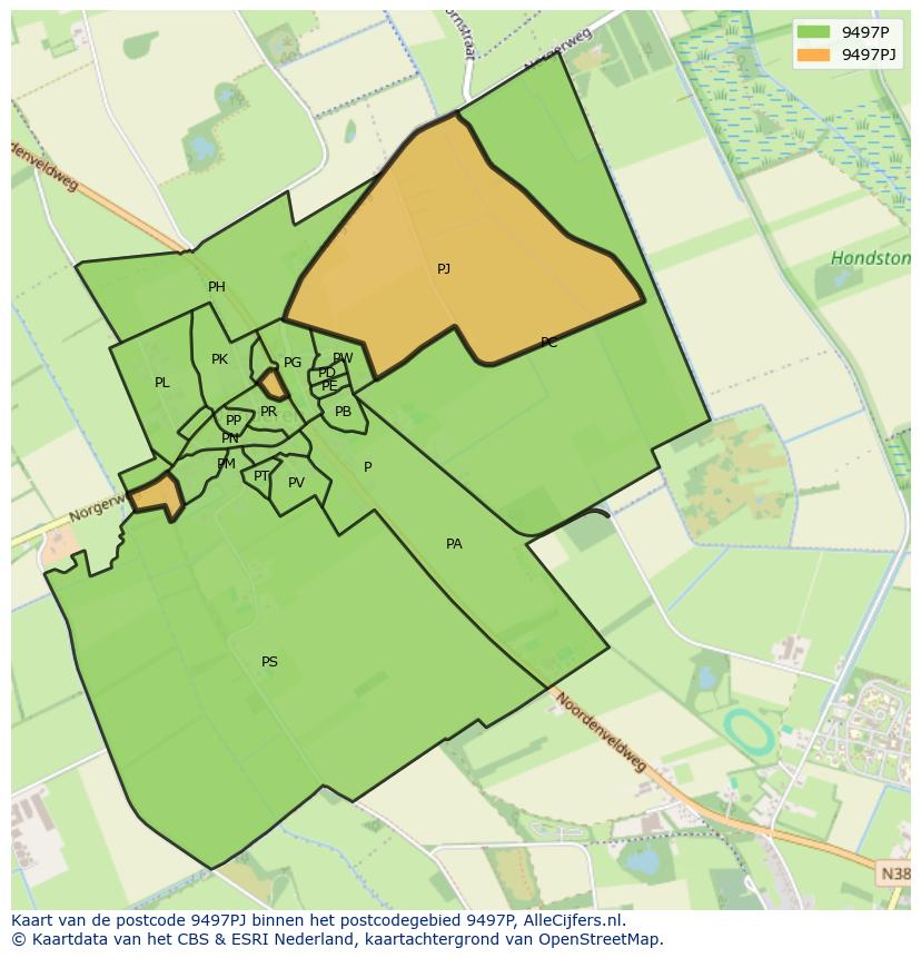 Afbeelding van het postcodegebied 9497 PJ op de kaart.