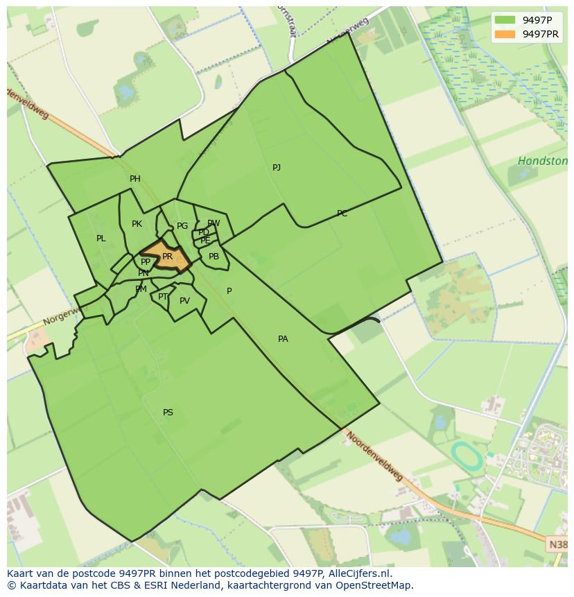 Afbeelding van het postcodegebied 9497 PR op de kaart.